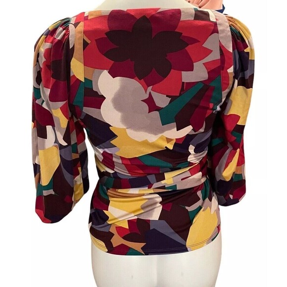 CATHERINE MALANDRINO‎ 100% SILK ABSTRACT PRINT BELL SLEEVE WRAP FRONT BLOUSE P - Picture 2 of 10